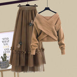 Winter Knitted 2 Piece Sets Women Long Sleeve Knitted Sweater And High Waist Mesh Long Skirts Sets For Women