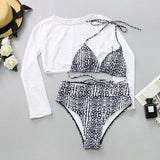 Neon orange Bikini 2021 Women Long Sleeve Mesh Cover Up 3 Piece Swimsuit High Cut Push Up Bathing Suit high waist