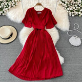 Fongt New V-Neck Short-Sleeved Dress Over Knee-Repaired Lady's Waist Tie Mid-Slap Dress