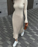 Fongt Spring Knitting Bottom Long Sleeve Long Dress Women's Round Neck Solid Color Strap High Waist Tight