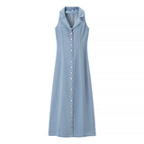Fongt Women's Clothing Early Spring New Light Blue Sexy Button Denim Long Dress