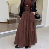 Pleated Stitching Elastic Waist Loose All-match Large Swing A- Line Dress-Outfit