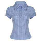 Fongt Commute Wind Fashion Stripe Buckle Bubble Sleeve Top Hottie Temperament Folding Braid Shirt