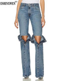 High Waist Denim Blue Off Knee Wide Leg Pants For Women 2024 Autumn Fashion Female New Y2k Elegant Jeans TH5658-Outfit