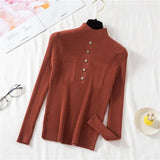 Pullover Women Sweater Autumn Knitted Button Long Sleeve Half Turtleneck Female Jumper Elastic Korean Fashion Blouse