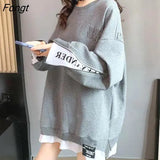 Zipper Spliced Fake Two Pieces Sweatshirts Women's Clothing Fashion Letter Printed Loose Round Neck Pullovers