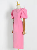 Pink Sexy Dress For Women Round Neck Puff Sleeve Patchwork Bowknot Backless High Waist Midi Dresses Female