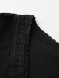 Front Buttons Lace Panel Knit Top-Outfit