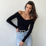 Fongt Spring Autumn New Temperament Fashion V Collar Off-Shoulder Splicing Long Sleeve Slim Joker