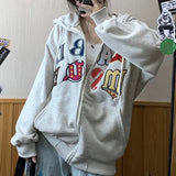 Aesthetic Embroidery Letters Zip Up Hoodie-Outfit