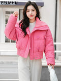Thicken Parkas Slim Short Jackets Women Korean Warm Plush Lapel Coats Casual Down Cotton Oversized Pink Crop