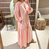 Fongt Spot 2024 Autumn New Women's Fashion V-Neck Bubble Sleeve Bohemian Cotton Linen Dress-Outfit