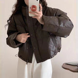PU Leather Short White Duck Down Down Jacket Female 2024 Winter New Fashion Standing Collar Wash Loose Small Coat-Outfit