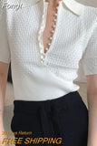 Women Elegant Summer New French Short Sleeve T-shirt Tight Pearl Button Lapel Blouse