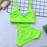 Neon Green Bikini Set 2022 Women Push Up Buckle Push Up Swimsuit Summer Solid White Bathing Suit Beach High Waist