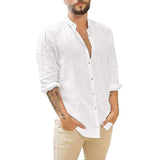 Fongt Men's New Linen Cardigan Pure Color Casual Collar Long-Sleeved