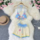 Fongt Pastoral Wind Knit Hanging Neck With Hook Flower Flower Wool Hollow Out Sexy Bikini Two Set Suit-Outfit