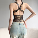 Fongt Cloth Forget Hottie Retro Leopard Thoracic Cross-Back Hollow Top Design Sense V Collar Body Vest