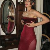 Strapless Red Feather Mesh Maxi Dress-Outfit