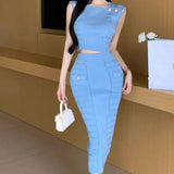 Fongt New Sleeveless Nails Clad High-Waist Temperament Famous Half-Dress Knitted Set Two Sets