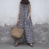 2021 Summer Wide Leg Rompers Women Vintage Plaid Checked Sleeveless Loose Jumpsuits Pants Casual Baggy