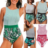 Fongt New Print Striped One-Piece Bikini Swimsuit Sexy Leaf Patchwork Triangle Women's
