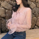 Gauze Bow Beading Pink White Blouse 2023 Summer Women Solid Chiffon Shirt Female Blouses Top Office Shirts Blusas 4323