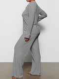 Long Sleeve Button Down Ribbed Knit Pajamas Set-Outfit
