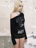 Fongt Dark Letter Print Slanted Shoulder Loose Short-Sleeved T-Shirt Millennium Hottie Street Sexy Backhide Hop Top