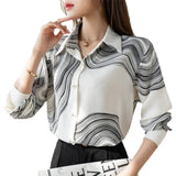 Women's Shirt Spring Clothing for Women Ink Painting Pattern Polo Neck Tops Basic Button Up Long Sleeve Shirts for