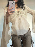 Fongt Cloth Forgets The Ancient Wild Folk Style V Tie With Horn Long-Sleeved Top Knitted Shirt