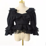 Vintage Patchwork Lace Shirt Female Square Collar Puff Sleeve Hollow Out Ruffles Short Blouse Women Fashion
