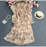 Fongt And Autumn Gentle Wind Korean Version Of Sweet Round Collar Lote Side To Receive Waist Thin A Word Broken Flower Chiffon Dress Woman