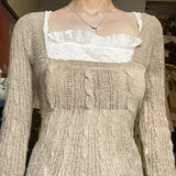 Women's Spring 2023 New Vintage Low-Cut Square Collar Twist Khaki Woolen Top-Outfit