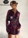 Tie Dye Shirt Dress Long Sleeve Ruched Turn Down Collar Buttons up Mini Bodycon Dresses for Women 2021 Casual