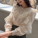 Lace Tops Women Shirts Womens Tops and Blouses 2022 Chiffon Blouse Cardigan Solid Stand Collar Blusas Feminine 8049
