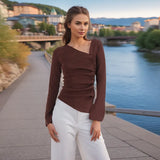 Fongt 2025 Autumn New Temperament Folding Irregular Oblique Shoulder Design Long-Sleeved Knitted Top Woman