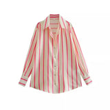 Fongt New Fashion Temperament Lapel Multi-Color Stripe Silk Satin Texture Long Sleeve Loose Shirt Female-Outfit