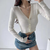 Trend Women's Wear Gentle Girl Knitted Cardigan Summer New Thin Slim Pearl Button Long-Sleeved Blouse-Outfit