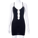 Sexy Hollow Out Mini Dress Summer Women Solid Color Chains Bodycon Sheath Black Dresses Sleeveless Party Club