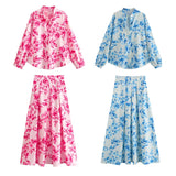 Spring Flower Print Shirt Flower Print Fan Flute Skirt 7484067 Set-Outfit