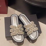 Fongt Summer New Small Scented Pearl Slippers Women Wear Flat Bottom One-Word Drag Beach Cool Drag Skirt