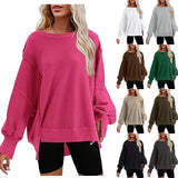 Fongt Women's Clothing 2025 Autumn And Winter New Women's Large Round-Neck Sweatshirt Side Open Fork Long-Sleeved Sweater