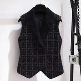 Plaid Imitation Mink Vest Coats Women Slim Vintage Sleeveless Sweater Crop Tops Spring Fall Chic Knitted Waistcoats