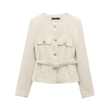 Fongt Homemade New Women's Wear Belt Textured Long-Sleeved Round-Neck Casual Suit Jacket