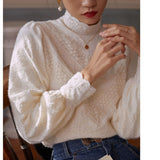 Half Turtleneck Lace Blouse Knitted Pullover Puff Sleeves Fashion Women Autumn Shirts