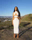 Two Pieces Sets 2021 Summer Cotton Backless Matching Outfits Sexy Halter Neck Tank Tops And Pencil Skirts Wholesale