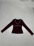 Fongt Sweet Style Simple Knitted Shirt Two Sets Of Striped Hanging Neck Hanging Sling + Half-Open Collar Long-Sleeved T-Shirt Top
