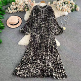 Fongt Elegant Dress Women Fashion Nail Drill Hollow Round Long Sleeves Loose Thin Leopard Embossed Skirt