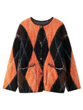Orange Dimond Pattern Fuzzy Cardigan-Outfit